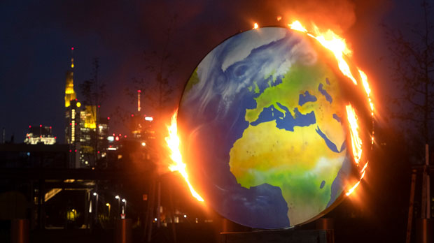A makeshift globe burns