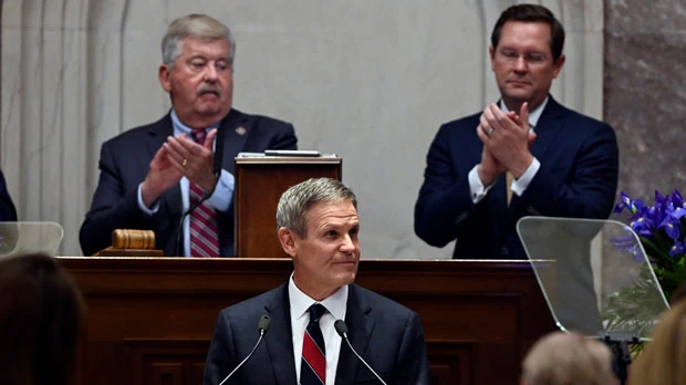 Legislators applaud Tennessee Gov. Bill Lee as he delivers his State of the State address Monday, Jan. 31, 2022, in Nashville, Tenn. (AP Photo/Mark Zaleski)