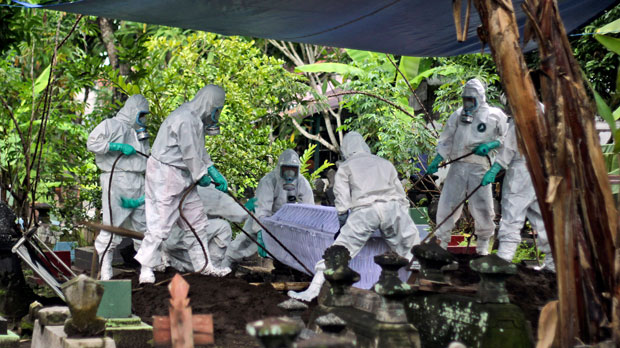 Workers in protective gear bury a coronavirus victim