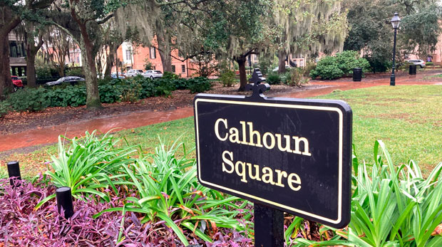 A sign stands at the entrance to Calhoun Square