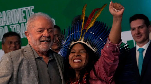 Brazil's President-elect Luiz Inacio Lula da Silva and his newly-named Minister of Indigenous Peoples Sonia Guajajara,