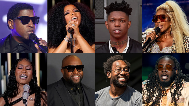 This combination of photos show music artists, top row from left, Babyface, Chloe Bailey, Yung Bleu, and Mary J. Blige, bottom row from left, Muni Long, Rico Love, PJ Morton, and T-Pain. (AP Photo)